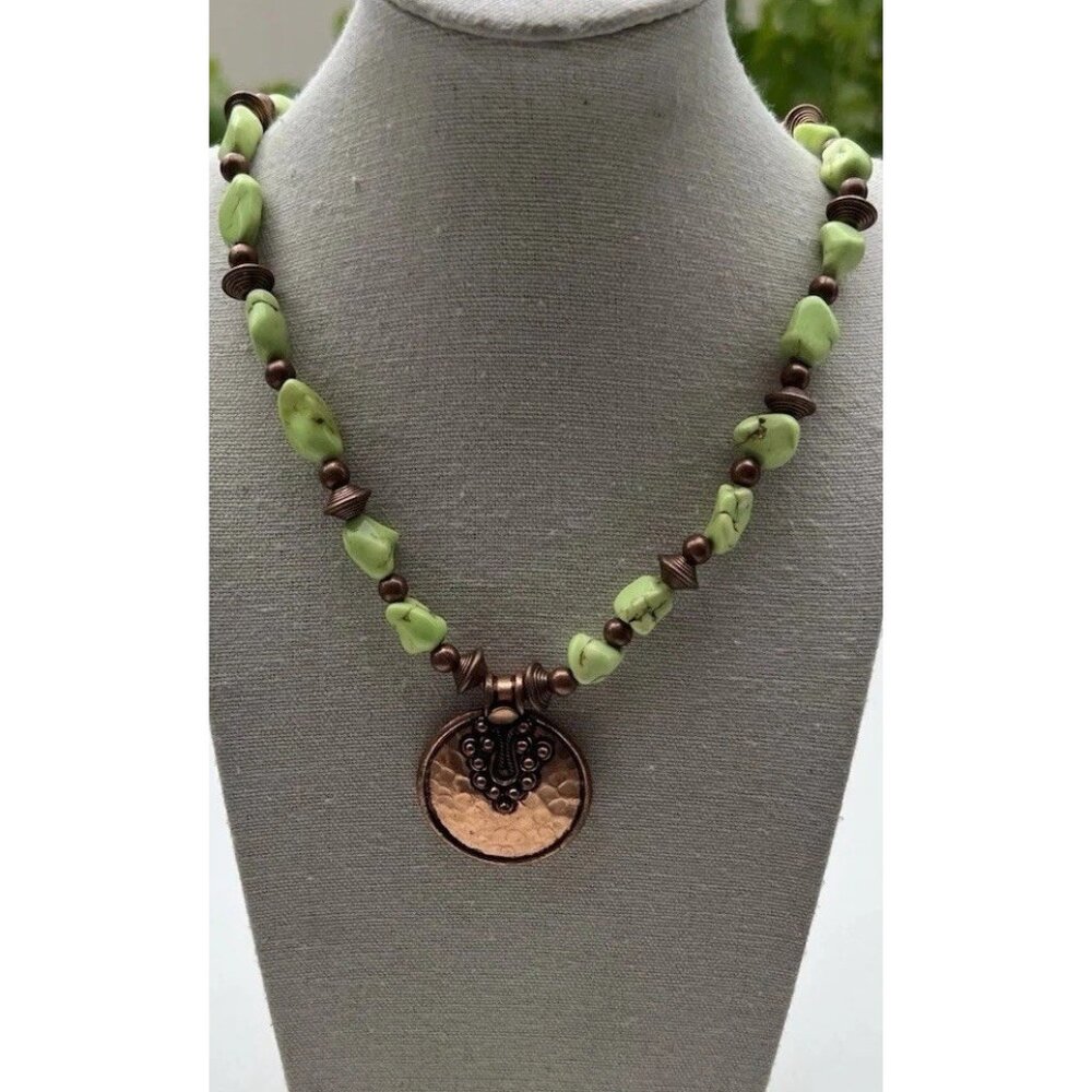 Vintage Chunky Natural Lime Green With Nickel Turquoise Boho Necklace Size 21”